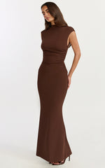 Eira Maxi Dress - High Neck Cap Sleeve Maxi Dress in Chocolate