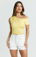 Elaine Top - Asymmetrical Off Shoulder Single Short Sleeve Gathered Detail Top in Lemon