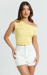 Elaine Top - Asymmetrical Off Shoulder Single Short Sleeve Gathered Detail Top in Lemon