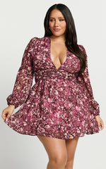 Eleanor Mini Dress - Plunge Twist Front Jacquard Dress in Wine Floral
