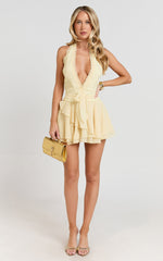 Eleonor Mini Dress - Halter Plunge Ruched Fit And Flare Dress in Lemon