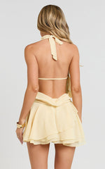 Eleonor Mini Dress - Halter Plunge Ruched Fit And Flare Dress in Lemon