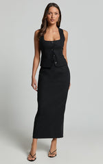 Elias Two Piece Set - Linen Square Neck Vest Top And Column Midi Skirt in Black
