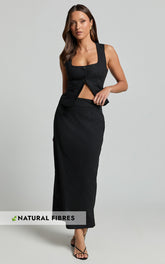 Elias Two Piece Set - Linen Square Neck Vest Top And Column Midi Skirt in Black