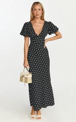 Elise Midi Dress - V Neck Puff Sleeve Dress in Black Polka