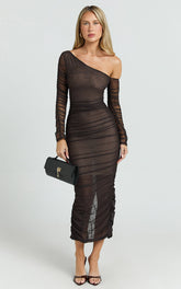 Ellen Midi Dress - Asymmetric Mesh Ruched Bodycon Dress in Brown