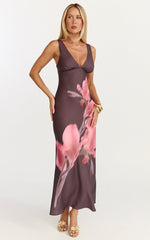 Elowen Midi Dress - Deep V Neck Satin Dress in Floral Print
