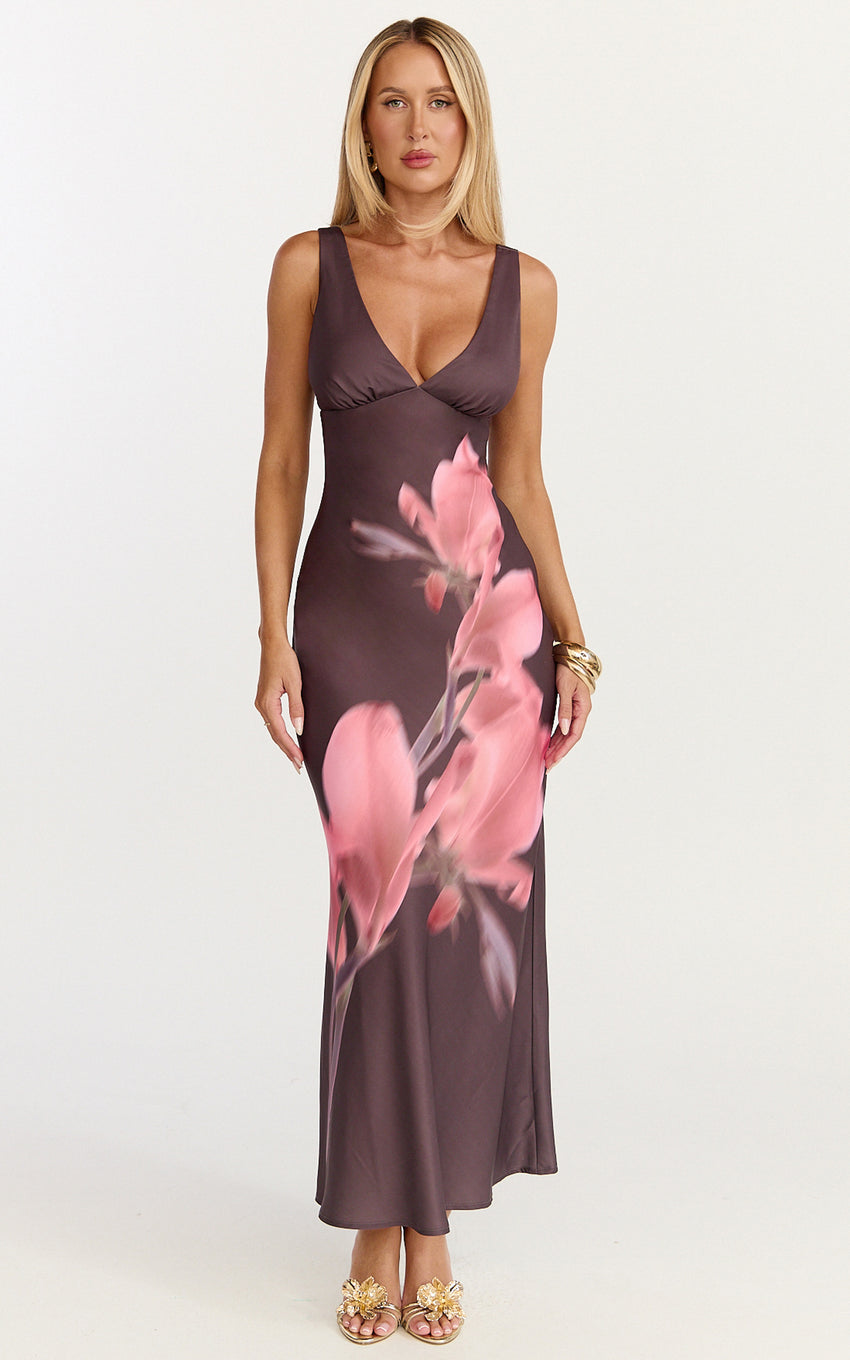 Elowen Midi Dress - Deep V Neck Satin Dress in Floral Print