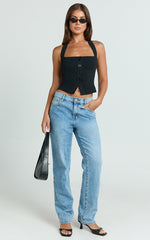 Elsie Top - Halter Square Button Front Knit Top in Black