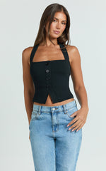 Elsie Top - Halter Square Button Front Knit Top in Black
