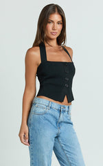 Elsie Top - Halter Square Button Front Knit Top in Black