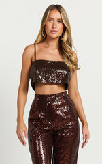 Elswyth Top - Strappy Sequin Crop Cami Top in Chocolate