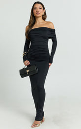 Emilie Maxi Dress - Off Shoulder Long Sleeve Ruched Jersey Dress in Black