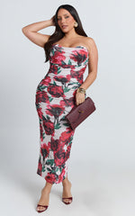 Enid Midi Dress - Sweetheart Neck Ruched Bodycon Dress in Rose Blanca
