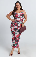 Enid Midi Dress - Sweetheart Neck Ruched Bodycon Dress in Rose Blanca