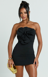 Eudora Mini Dress - 3D Floral Dress in Black