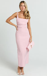 Eugenia Midi Dress - Square Neck Fitted Dress in Pink