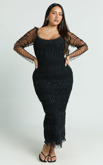 Evelyn Midi Dress - Long Sleeve Shirred Tulle Dress in Black Polka