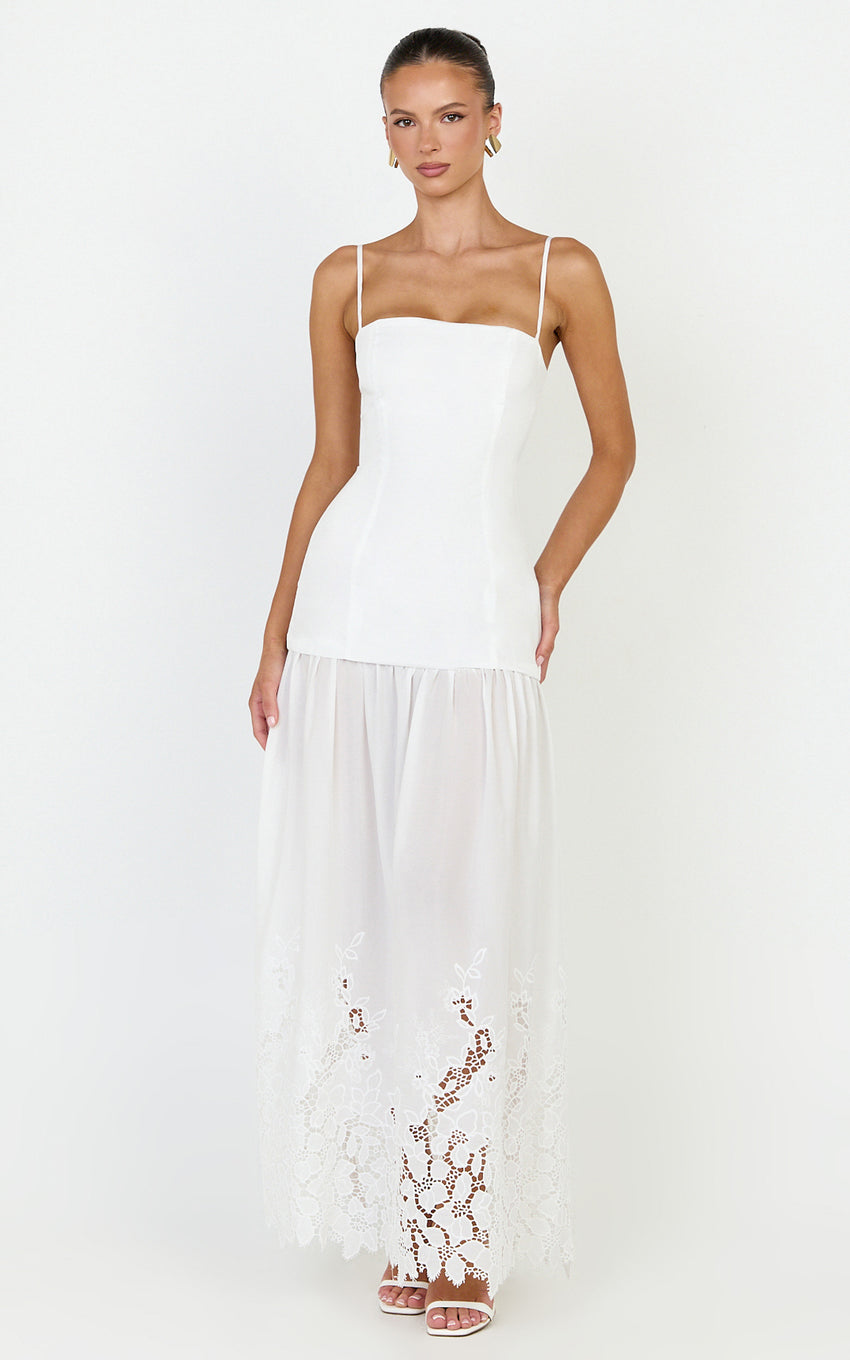 Everly Maxi Dress - Straight Neck Broderie Cut Out Hem Dress in White