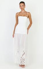 Everly Maxi Dress - Straight Neck Broderie Cut Out Hem Dress in White