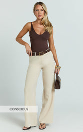 Evie Pants - Mid Rise Wide Leg Linen Blend Tailored Pants in Sand