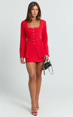 Evie Two Piece Set - Long Sleeve Button Down Tailored Top and Mini Skirt Set in Red