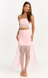 Evie Two Piece Top and Skirt Set - Fringed Micro Top And Tiered Fringed Mini Skirt in Pink