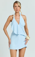Faye Mini Dress - Halter Neck Chain Detail Draped Front Dress in Blue