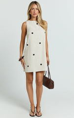 Faye Mini Dress - Sleeveless Shift Dress in Oatmeal Polka Dot