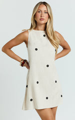 Faye Mini Dress - Sleeveless Shift Dress in Oatmeal Polka Dot