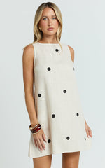 Faye Mini Dress - Sleeveless Shift Dress in Oatmeal Polka Dot