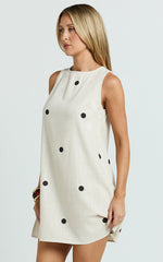 Faye Mini Dress - Sleeveless Shift Dress in Oatmeal Polka Dot