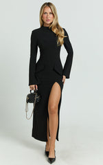 Finley Midi Dress - High Neck Long Sleeve Leg Split Bodycon Dress in Black