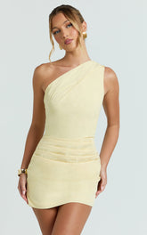 Finn Mini Dress - One Shoulder Gathered Bodice Dress in Lemon