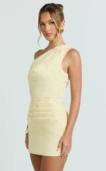 Finn Mini Dress - One Shoulder Gathered Bodice Dress in Lemon