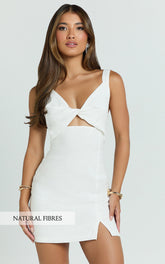 Finnley Mini Dress - Linen Twist Front Cut Out Dress in White