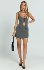 Fiona Mini Skort - Pinstripe Waistband Fly Front Fitted Skirt in Dark Grey