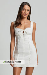Flynn Mini Linen Blend Dress - Lace Trim Square Neck Tie Front Dress in Ivory
