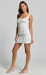 Flynn Mini Linen Blend Dress - Lace Trim Square Neck Tie Front Dress in Ivory