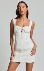 Flynn Mini Linen Blend Dress - Lace Trim Square Neck Tie Front Dress in Ivory