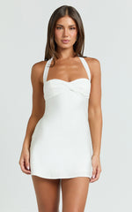 Flynn Mini Dress - Satin Halter Sweetheart Neck Dress in Ivory