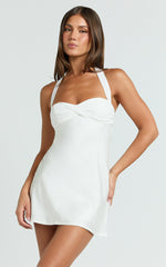 Flynn Mini Dress - Satin Halter Sweetheart Neck Dress in Ivory