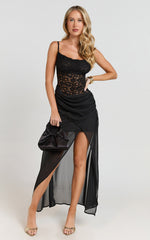 Frances Midi Dress - Cowl Neck Contrast Lace Slip Dress in Black
