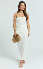 Francine Midi Dress - Strapless Twist Sheer Textured Jersey Dress in Cream