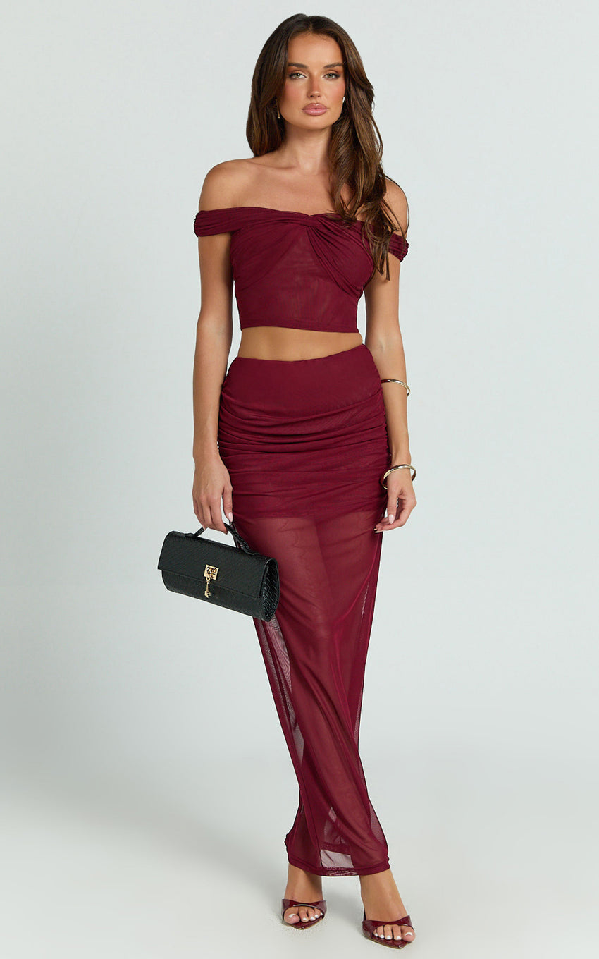 Francine Two Piece Top and Skirt Set - Twist Front Top and Mid Waist Gathered Maxi Skirt in Wine