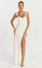 Freya Maxi Dress - Twist Bust Detail Drop Waist Dress in White