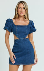 Freya Mini Dress - Denim Cut Out Puff Sleeve Mini Dress in Mid Blue Wash