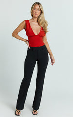 Gail Top - Jersey V Neck Gathered Long Line Top in Ruby