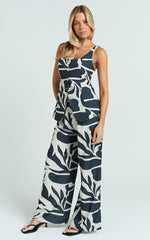 Gail Two Piece Set - Abstract Mono Print Button Down Vest and Wide Leg Pants Set in Multi