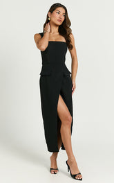 Garcia Midi Dress - Square Neck Wide Straps Fitted Wrap Skirt Dress in Black